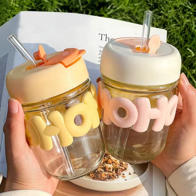 Ins Hot Cartoon Cute 350ml Thick Glass Water Bottles Silicone Protective Sleeve Milk Juice Tea Cola Drinking Mugs With Straw