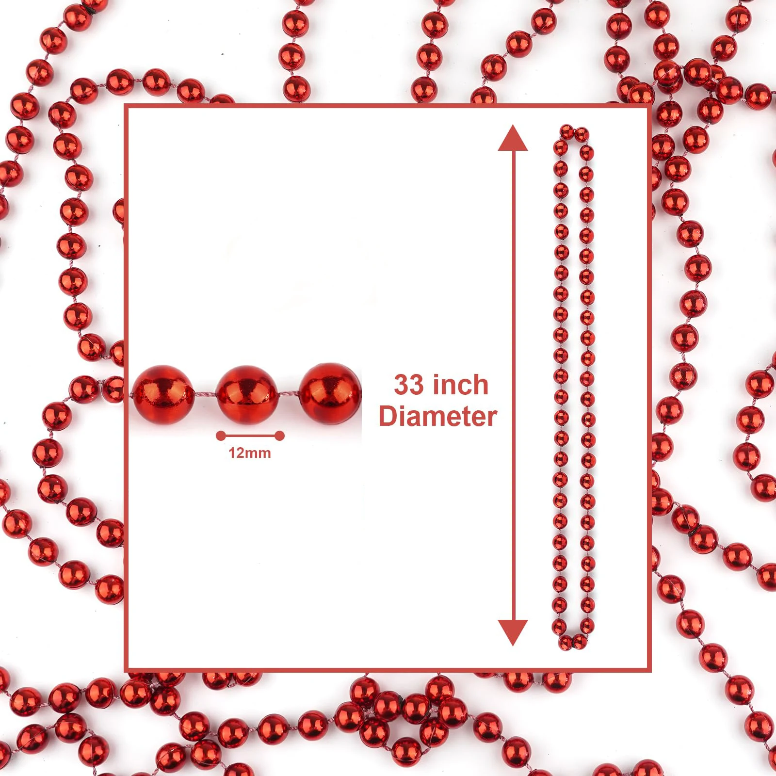 33 Inch 12 mm Metallic Red Bead Necklaces Mardi Gras Beads Bulk Round Beaded Necklaces Costume Mardi Gras Necklace