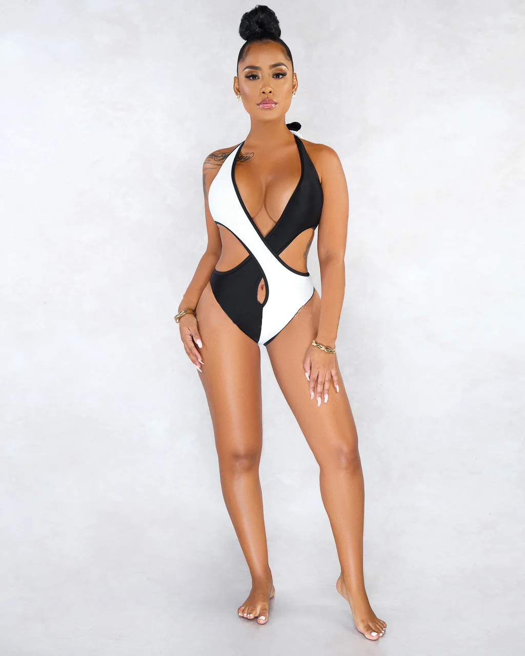 Sexy Women High Cut Out One Piece Patchwork Color Block Halter Bikini  Bathing Sports Monokini Strapping Swimsuit