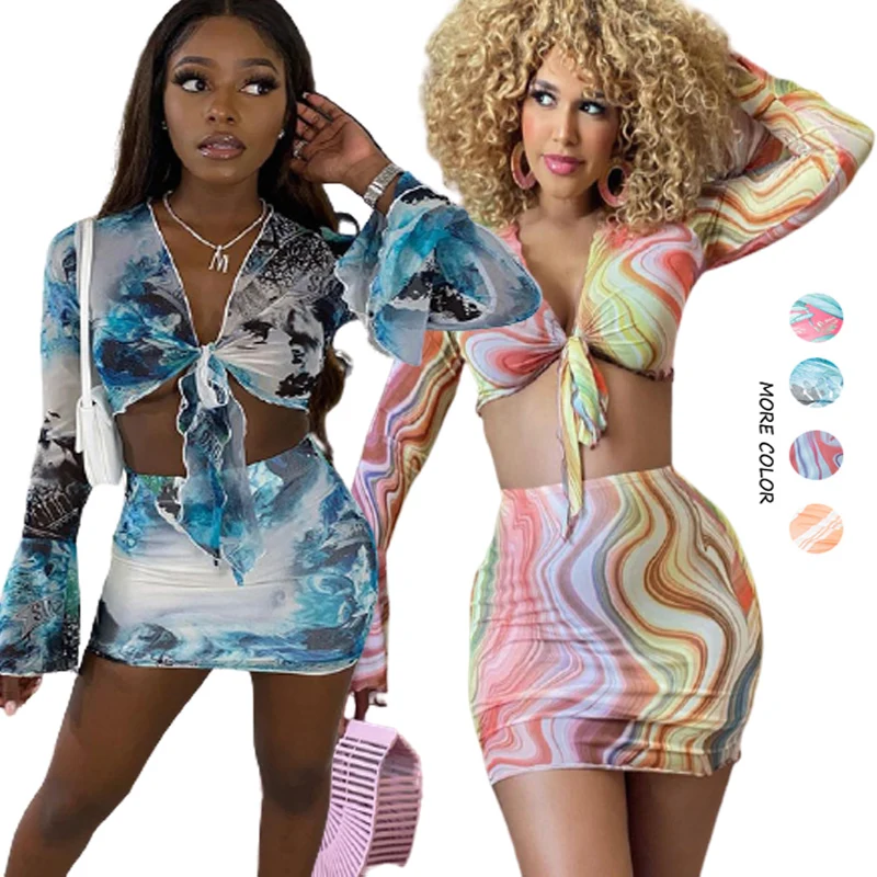 Женский комплект из двух предметов, повседневный укороченный топ с длинным рукавом и мини-юбка, осень 2021