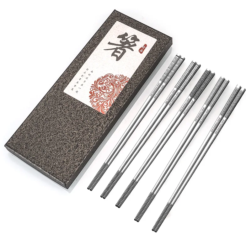 Non-slip reusable Mirror Polish 304 Stainless Steel Pattern Metal Chopsticks Set