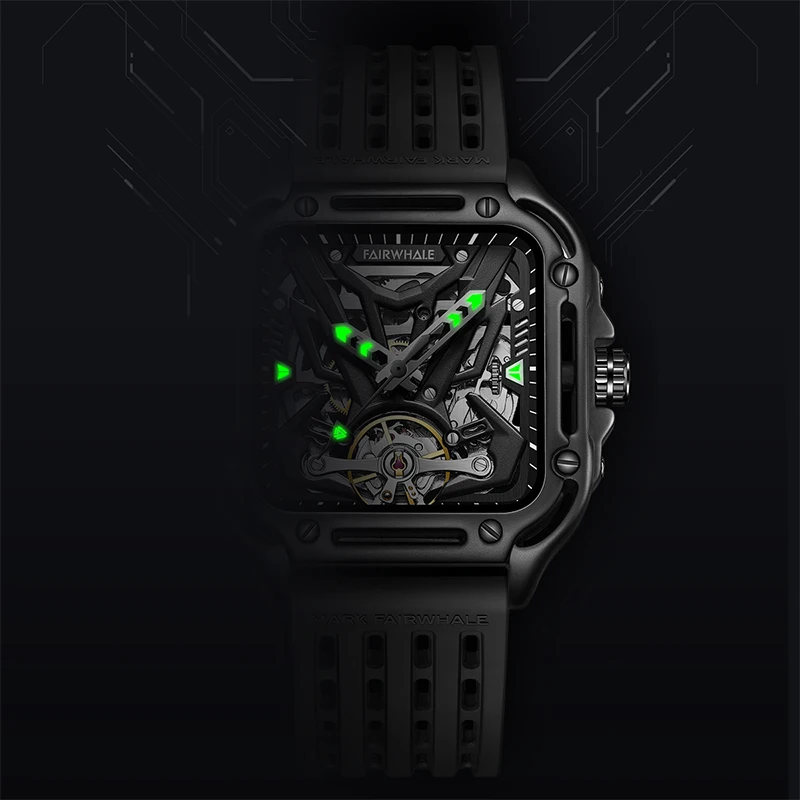 Fairwhale Hallow Out Square Case Men Watch Skeleton Hip Hop Mechanical Stainless Steel Watches
