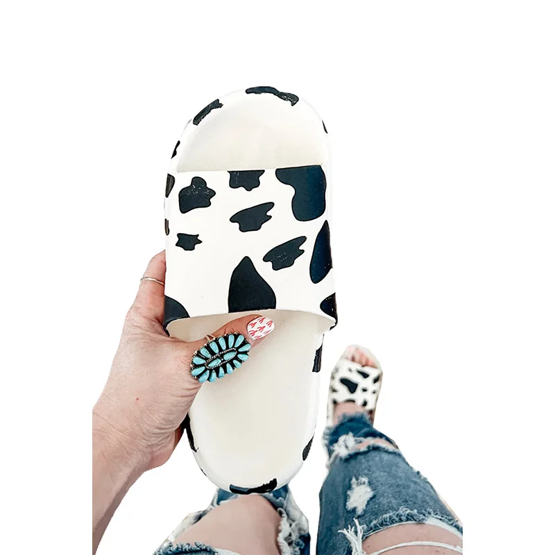 New Fashion White Cow Animal Print Cork Soled Slippers Soft Rubber Slippers Sole