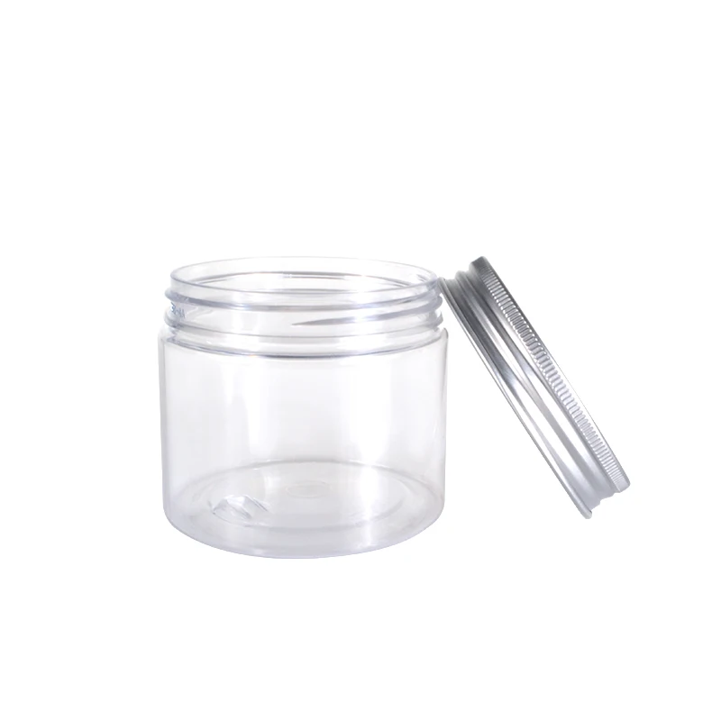 Food grade empty 8oz 250ml clear PET plastic cookie jar with aluminum lid