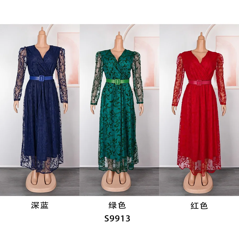 Modest African Elegant Luxury Dot Lace Long Sleeve Maxi Dress For Women K0409