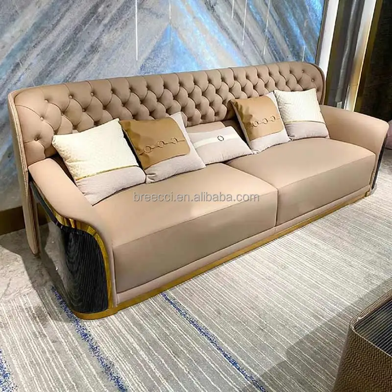 Italian Modern Luxury High Quality Gold Stainless Steel Imitation Leather Sectional Sofas for Hotel Living Room Furniture Sets