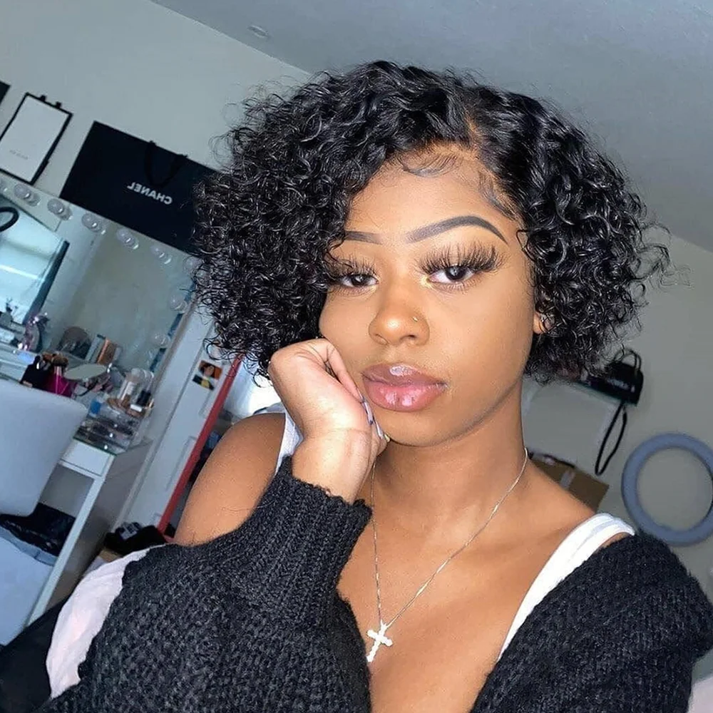 Natural Hairline Short Curly Bob Wigs virgin Brazilian Human Hair Lace Front Wigs for Black Women