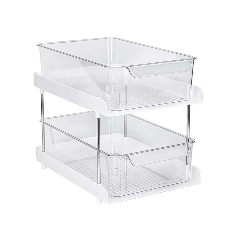 Bathroom Storage Shelf Sliding Cabinet Basket Organizer 2 Tier Clear Organizer with Dividers
