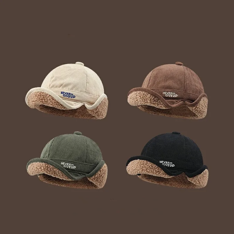 New Corduroy Wool Baseball Cap with Visor and Ear Flaps Warm Cap Unisex Outdoor Hunting Earflap Winter Hat Trapstar