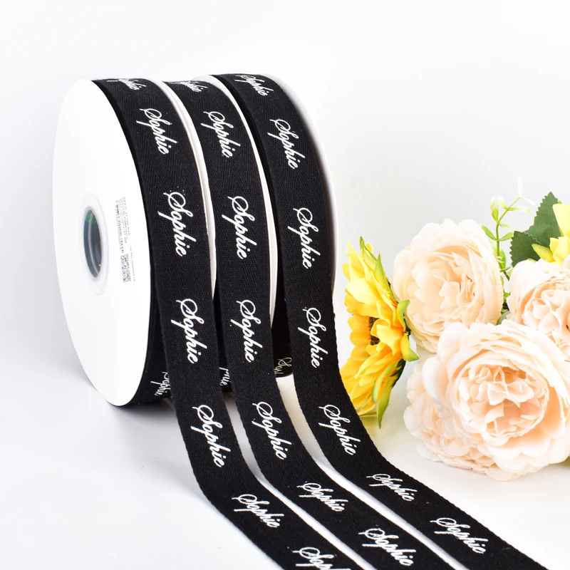 Wholesale customized high density custom  natural white herringbone organic cotton ribbon logo printed ribbon