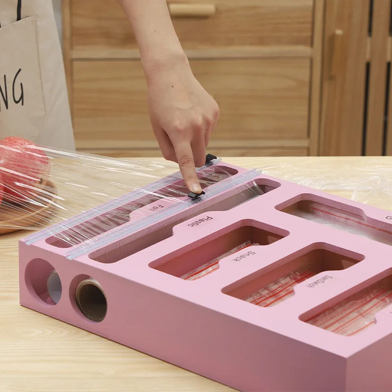 Plastic Wrap Dispenser with Cutter and Ziplock Bag organizer,9 IN 1 Bamboo Ziplock Bag Storage Organizer for Kitchen Drawer