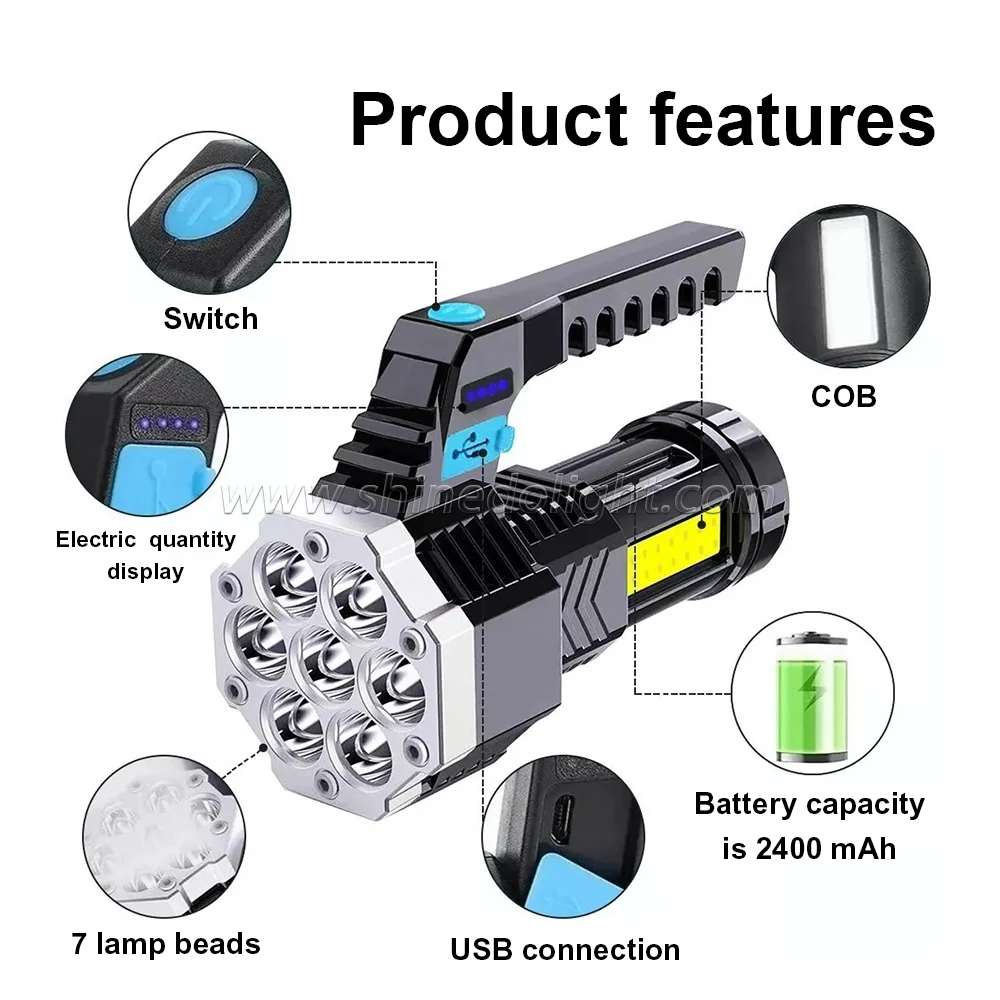 LED Portable Handheld Flashlight with built-in USB rechargeable battery for emergency camping lighting at night