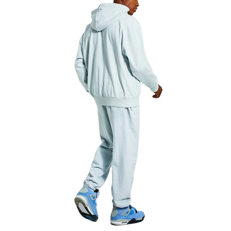 Decheng Oem High Quality French Terry Light Blue Ripped Details Solid Distressed Hoodies Mens Pullover Bulk Oversized Hoodie