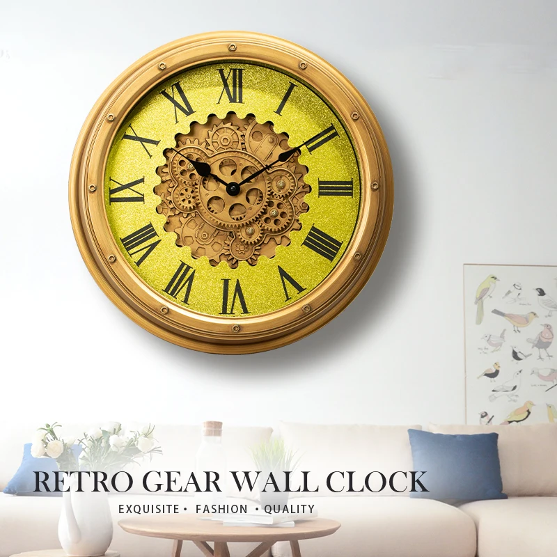 16 Inch Gear Wall Clock with Moving Gear Frame Wall Clock, Battery Powered Clock Industrial Style for Home and Office Decoration