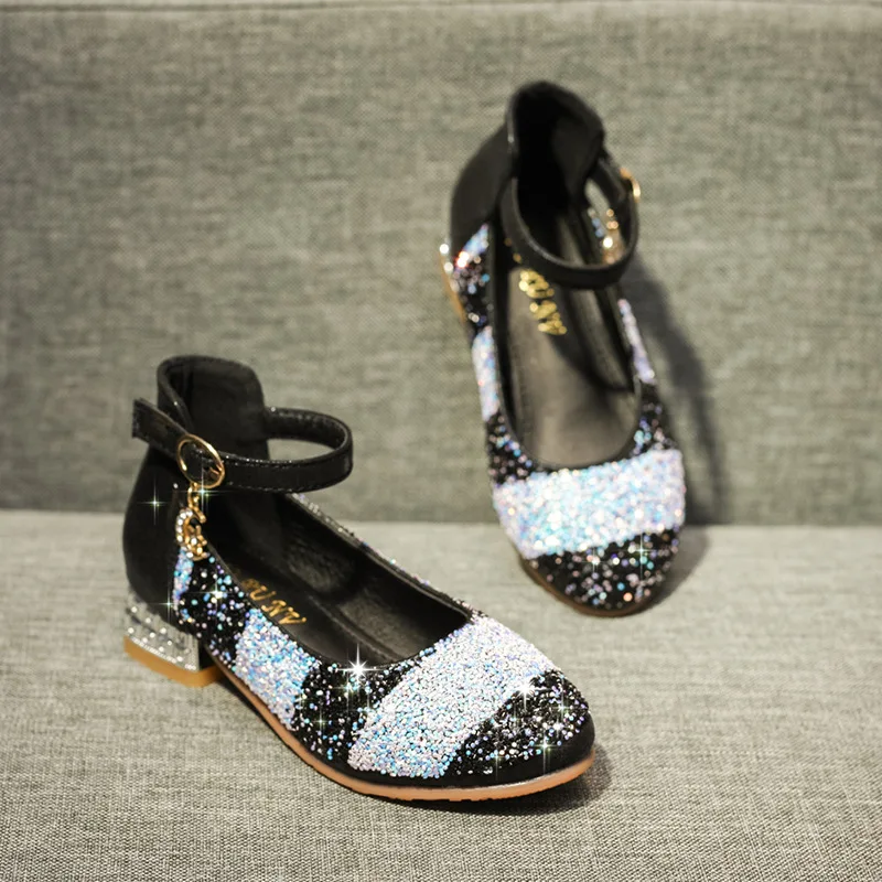 hot selling 2021 spring and Summer Girls Princess Sandals rainbow Sequins High Heels shoes party dressy shoes kids