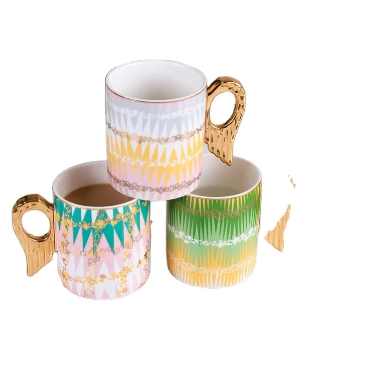Luxury Gold Painting Angel Wing Handle Ceramic Mugs Wholesale Porcelain Mugs Coffee Cups Mugs With Real Gold Depiction