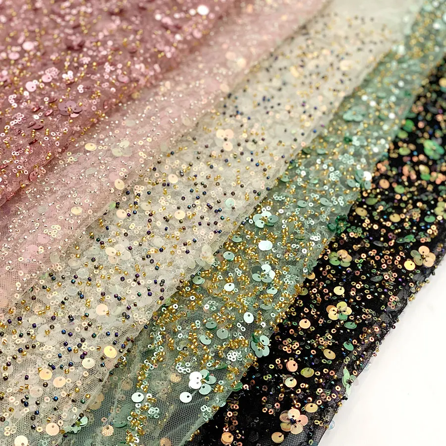 Wholesale luxury full polka dots colorful mesh gold beads lace fancy diamond tulle embroidered bridal dress sequin fabric