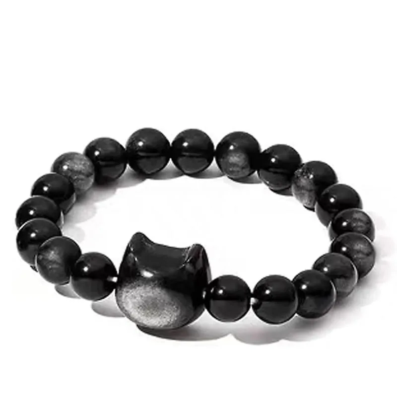 Hot Sale 8mm Silver Obsidian Stone Beaded Bracelet for Women Cute Cat Animal Design Fashion Party Gift Elastic Bracelet Jewelry