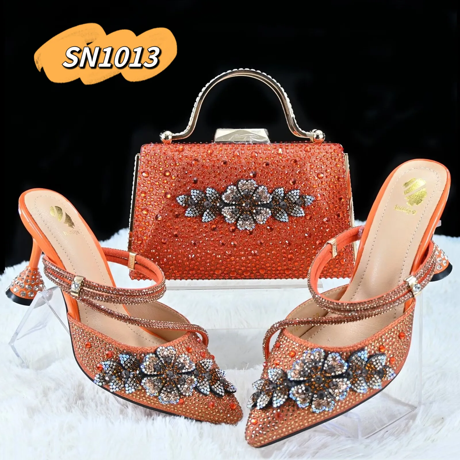 2025 Rhinestone Evening Matching Shoe and Bag Set Orange Matching Clutch Bag Woman Nigeria