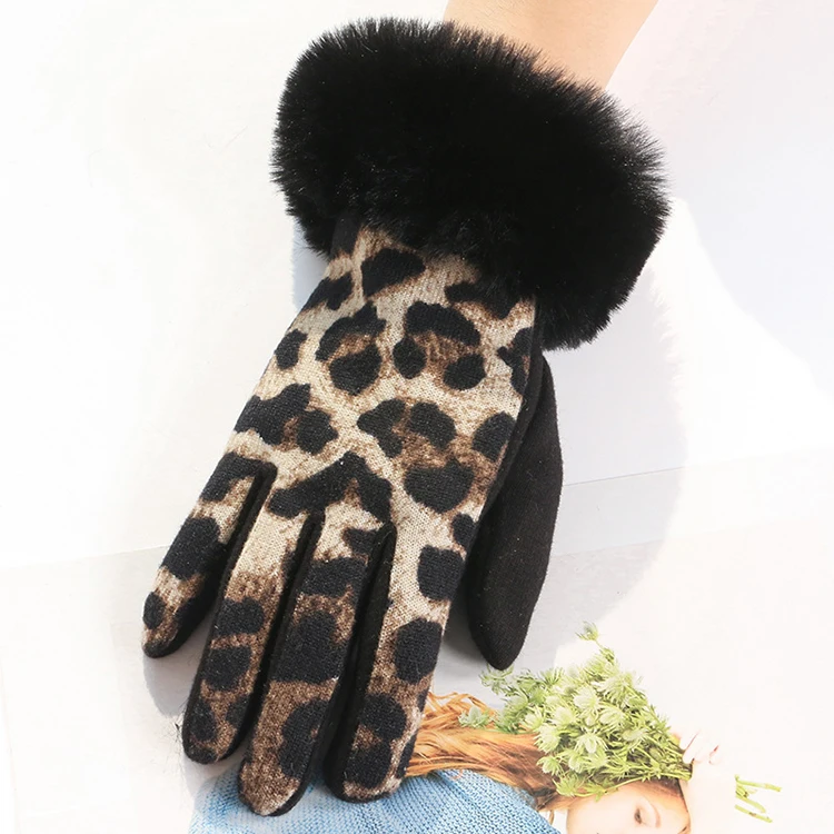 Outdoor Leopard Pattern Imitate Rabbit Fur Touch Screen Winter Fashion Fur Gloves