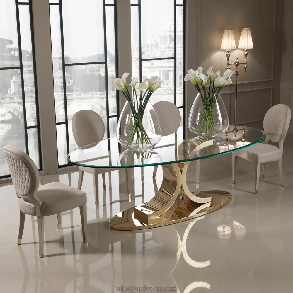 Designer Gold Plated Dining Room Furniture Set Custom Italian Luxury Stainless Steel Oval Glass Dining Table Set