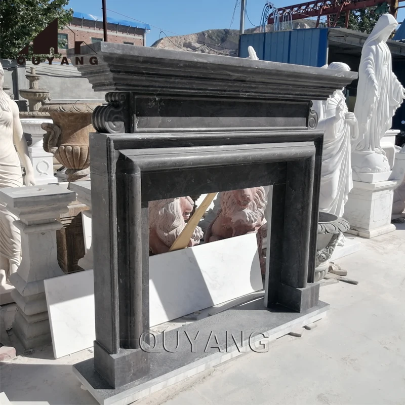 QUYANG Custom French Home Decoration Large Freestanding Fireplace Mantel Black Antique Marble Fireplace Surround
