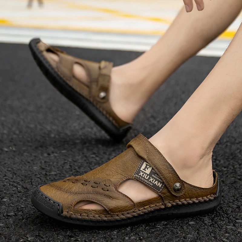 
100% Genuine Leather Sandals Men Breathable Outdoor Sandals Plus Size 48 Dual Men Slippers 