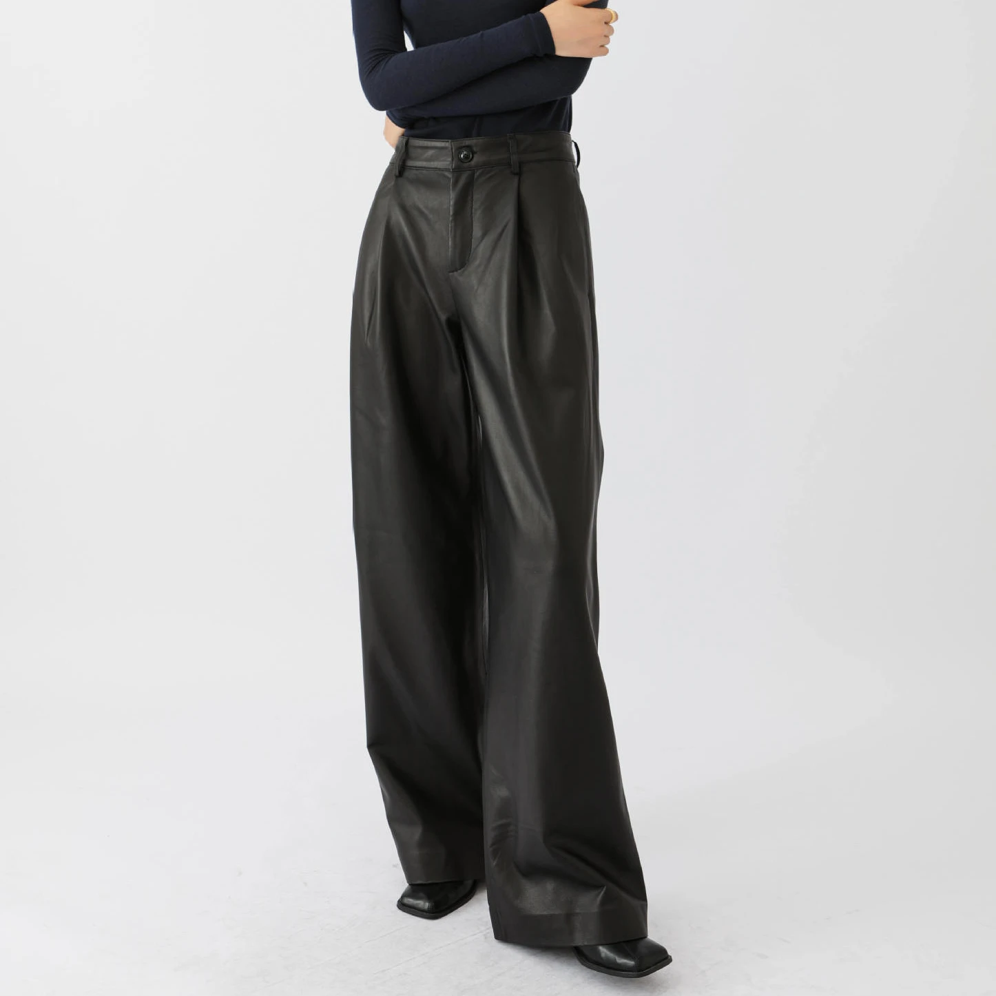 Fashion 100%Sheepskin Leather High Quality Women Pants Loose Long Wide-leg Trousers Oversized Pants