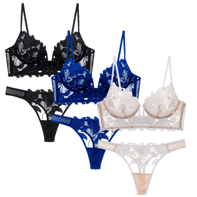 Customize LOGO Embroidery Hollow out Lace Floral underwired bra and thong set ladies thong and bra underwear set for women girls