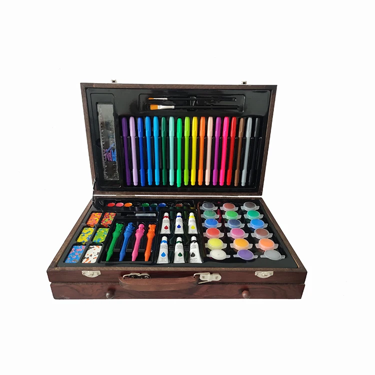123 Piece Wooden Portable Children Artist Creative Supplies Kit Coloring Paint Drawing Art Set