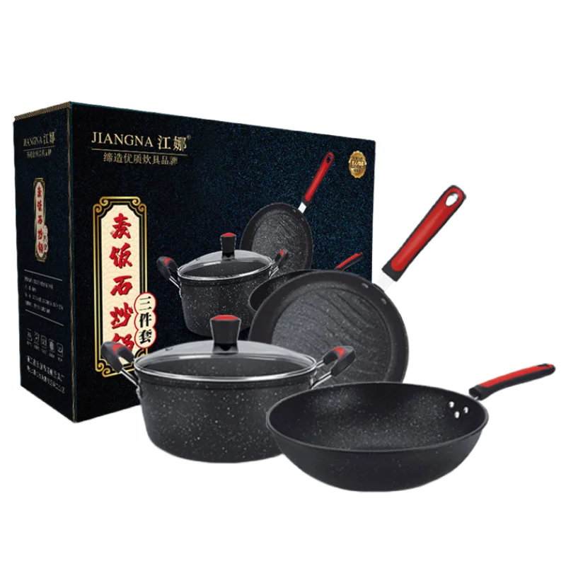 Factory Wholesale Price 3 Pieces Wheat Rice Stone Pot Set Non Stick Kitchen Cooking Pots Includes Frying Pan Wok Soup Pot