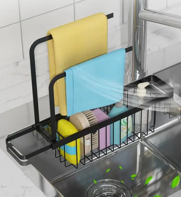 New Expandable Telescopic Sink Storage Drain Rack Kitchen Rack Sink Organizer Basket Sponge Holder with Dish Dishcloth Rack