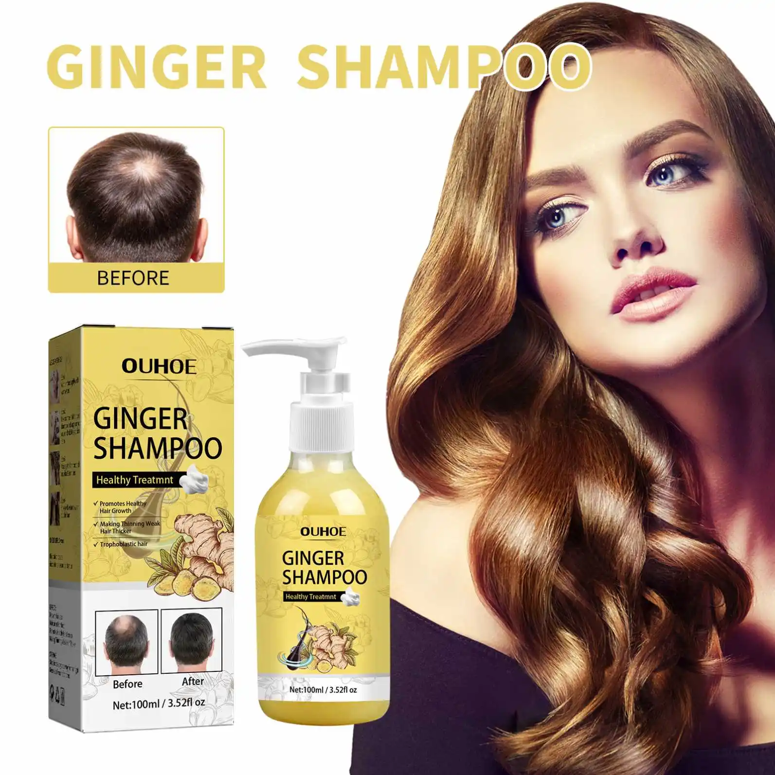 Ouhoe 100ml Ginger Hair Thick Anti Hair Loss Shampoo Moisturizing Turmeric Anti Itching Fluffy Shampoo Hair Growth Treatment