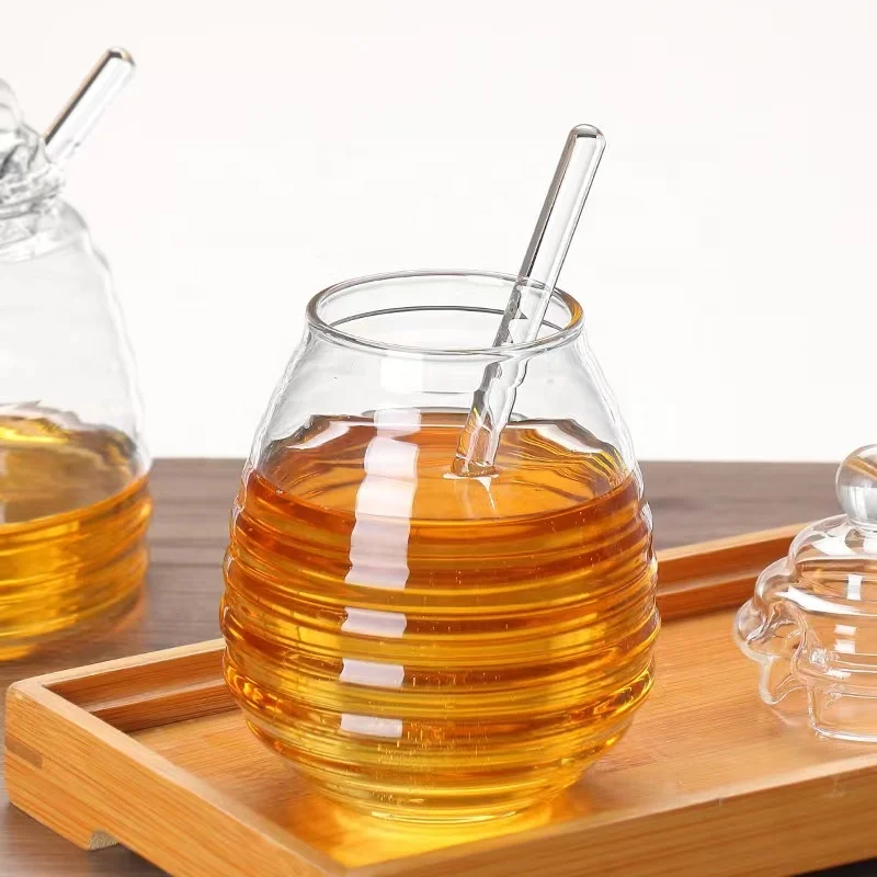 Factory Wholesale High Borosilicate Glass Honey Jar set with Lid and Stirring Rod New Style Glass Jar with Streak Custom Package