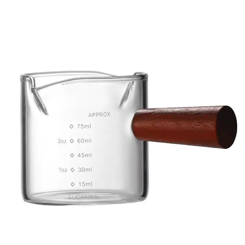 Customization Wooden Handle Barista Tools 75ml Double Spouts Espresso Milk Glass Mug Coffee Measuring Cups