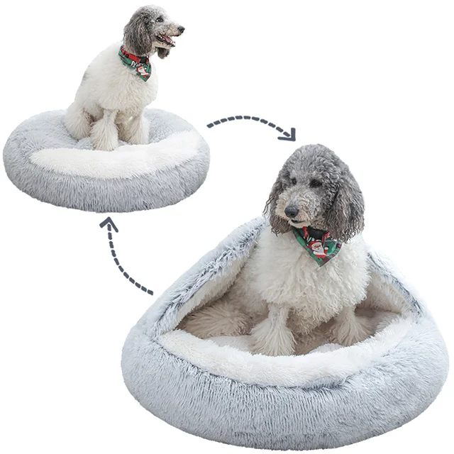 Semi-Enclosed Winter Pet Bed Long Velvet Shell for Dogs and Cats Washable round Faux Fur Bed Pad