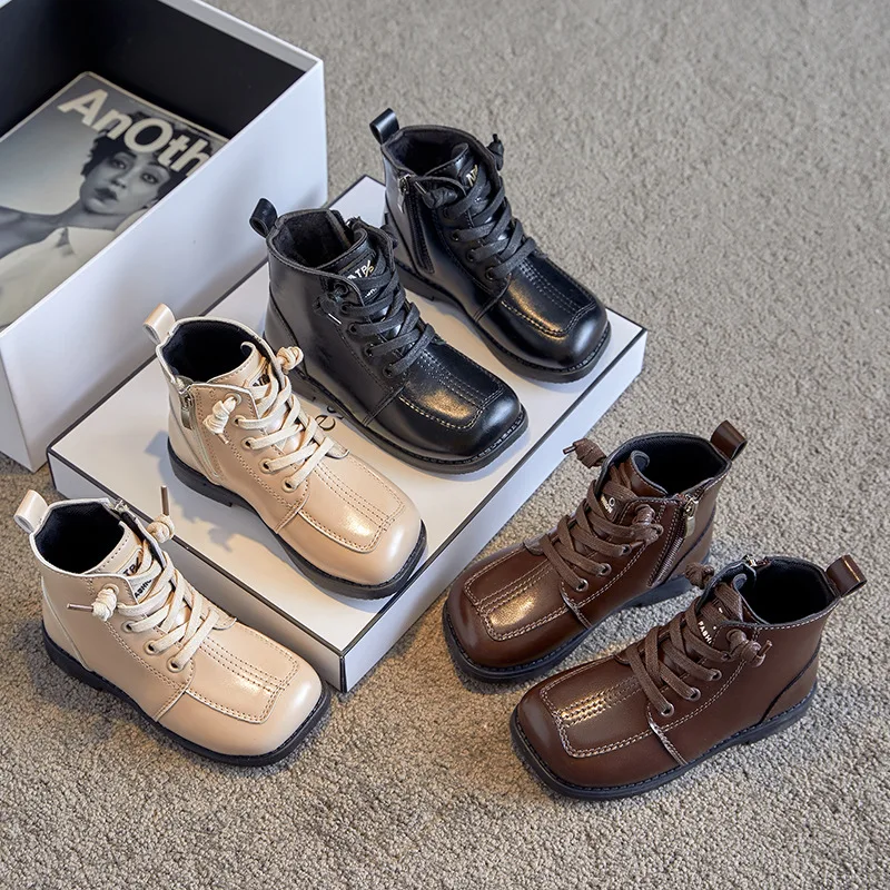 2021 Winter Pu Leather Girls Boots Shoes Rubber Sole Flat Boys girls Kids Boots Shoes Fashion