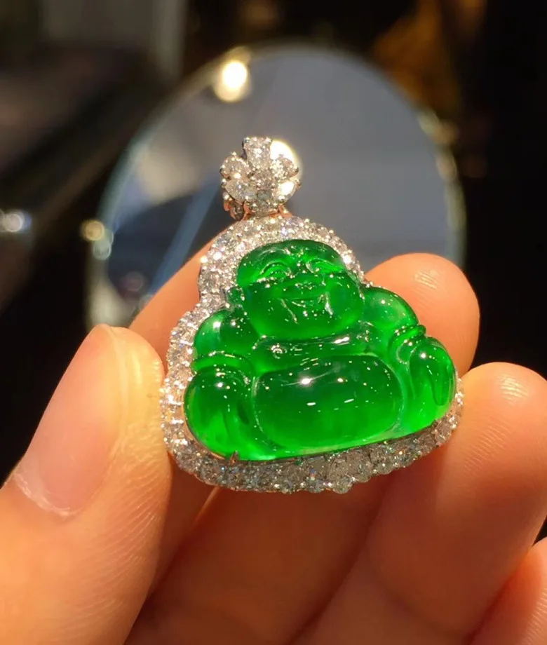 18k Gold Diamond Buddha Pendant A Grade jadeite Laughing Buddha White Gold Jade Buddha Pendant Necklace