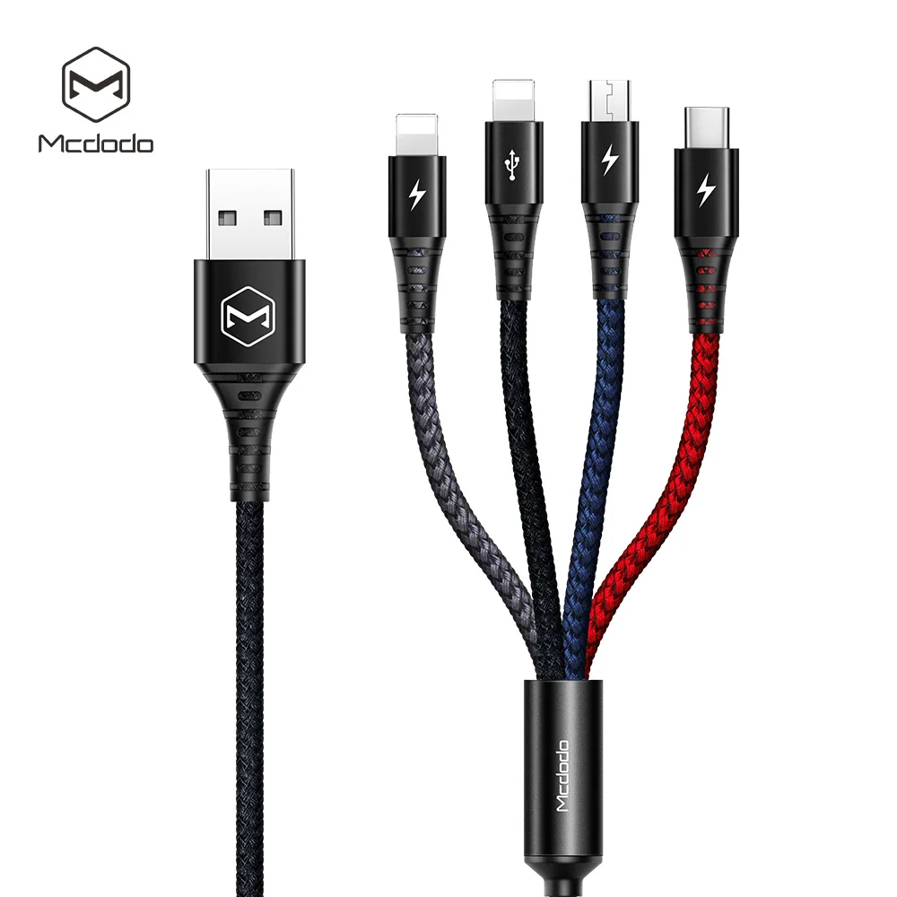 
Mcdodo 1,2 м 2.4A нейлоновый тканевый плетеный 4 в 1 Многофункциональный 2*8pin/Micro USB/Type C SUB зарядный кабель.  (60874646478)