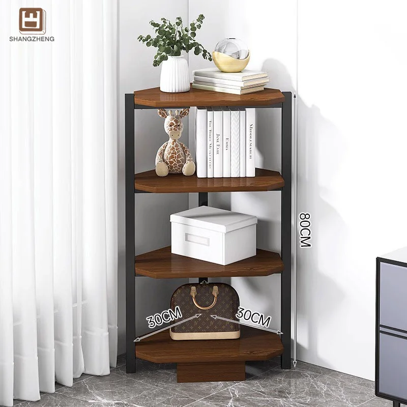 Modern Corner Bookshelf With Rounded Shelves, In Deep Brown And Black Metal, Ideal For Organized Storage And Display