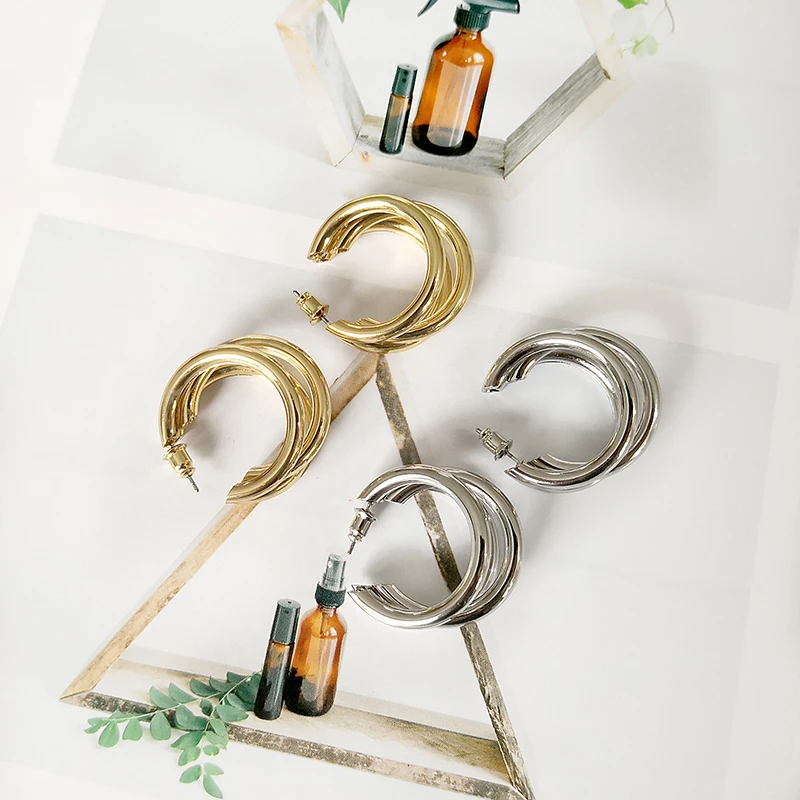 Gold Silver Color Multi Row Hoop Earrings for Women Simple Three Circle Hoop Earrings Bohemia Geometric Round Earrings