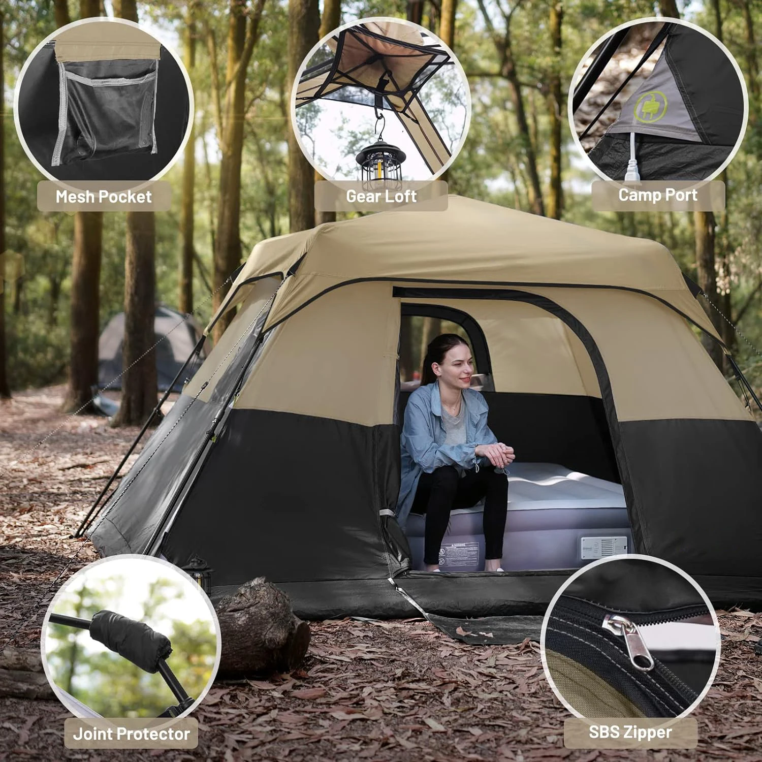 Instant Cabin Tent, 4 Person/6 Person Camping Tent Setup in 60 Seconds with Rainfly & Windproof Tent with Carry Bag