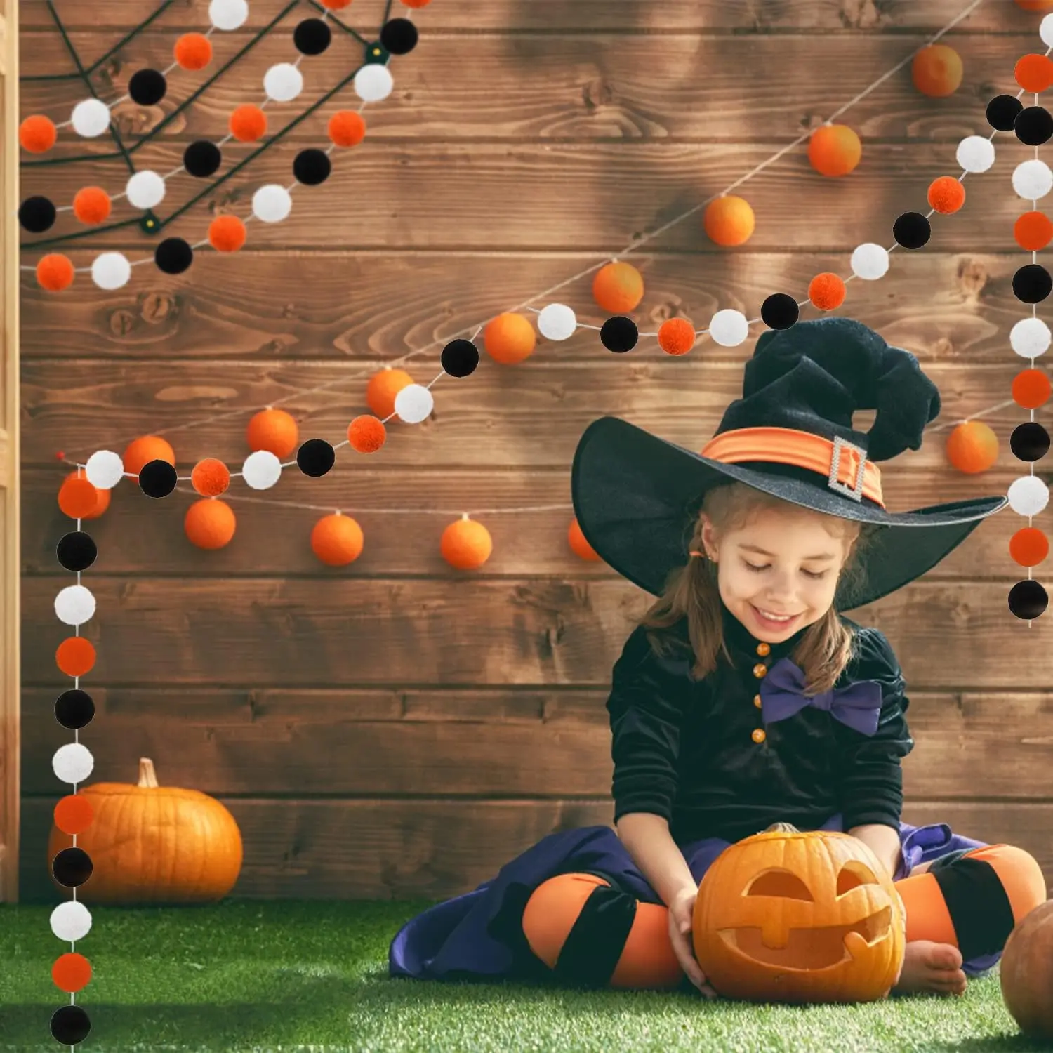 Halloween Indoor Room Decor Cute Hanging Orange Black Pompom Bead Ornament String  Felt Ball Pom Pom Garland