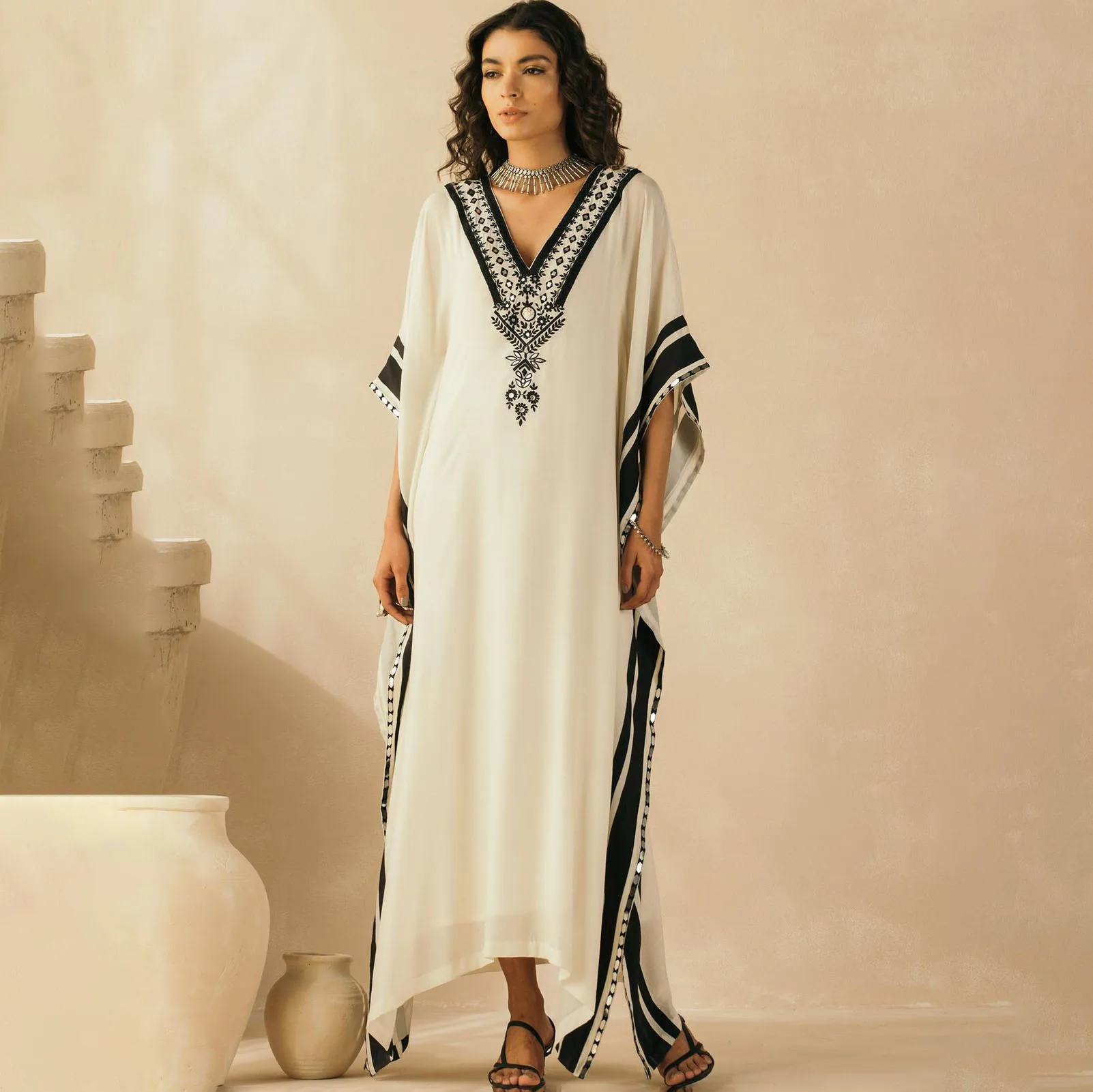 Aschulman Custom Plus Size Printed Silk Luxury Long Maxi White Kaftan Maxi Dress Dubai for Women