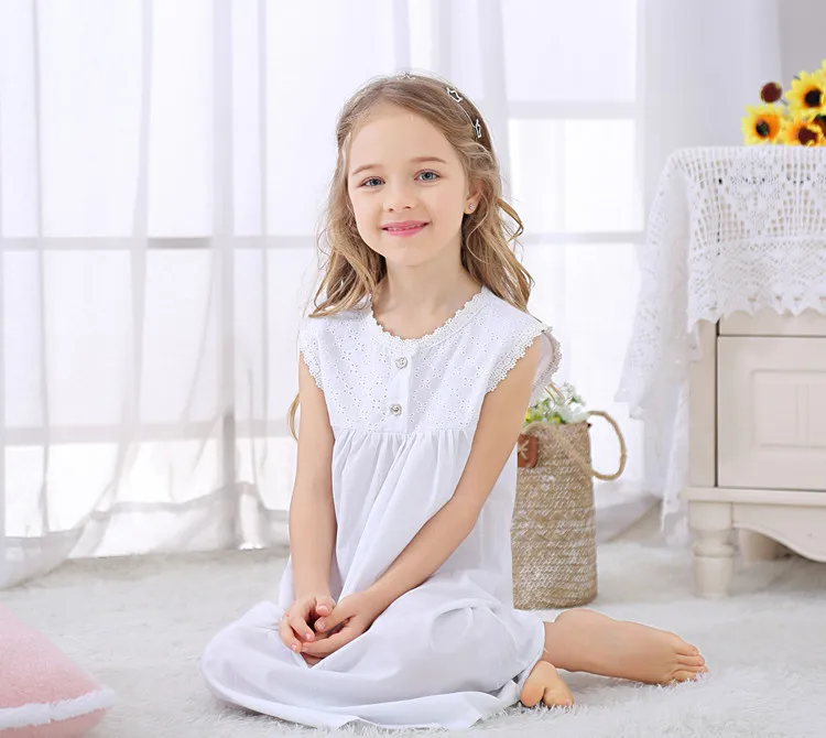 Cotton white kids summer sleepwear sleeveless square collar new pajamas