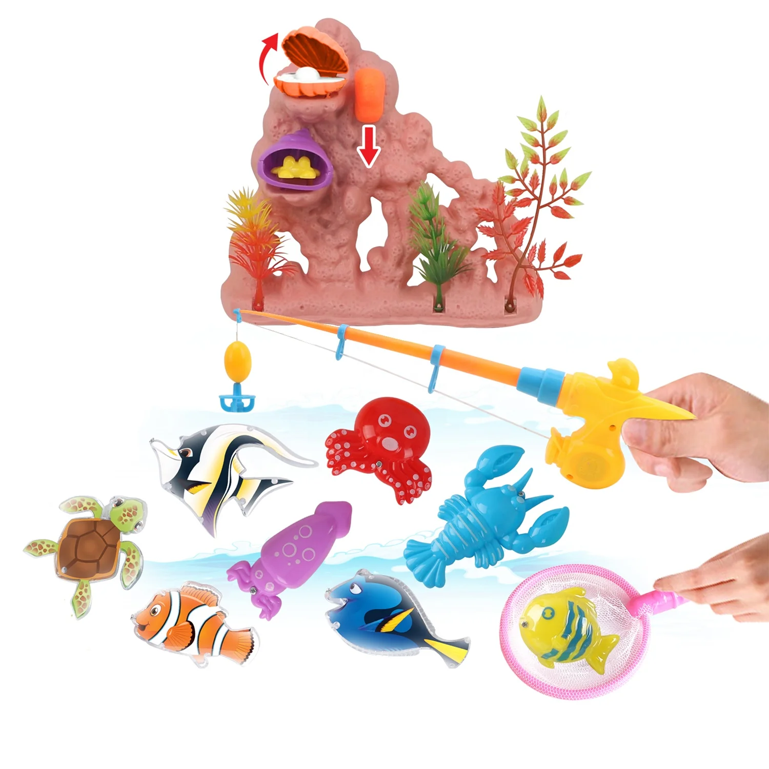 Kids net fish Combo Fishing Game play set with Coral Reef
