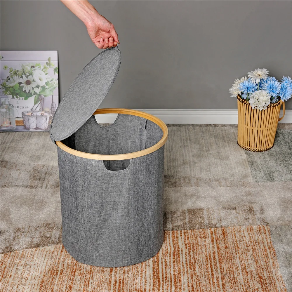 Household Water-proof Large Clothes Dirty Foldable Bamboo Laundry Basket with Lid