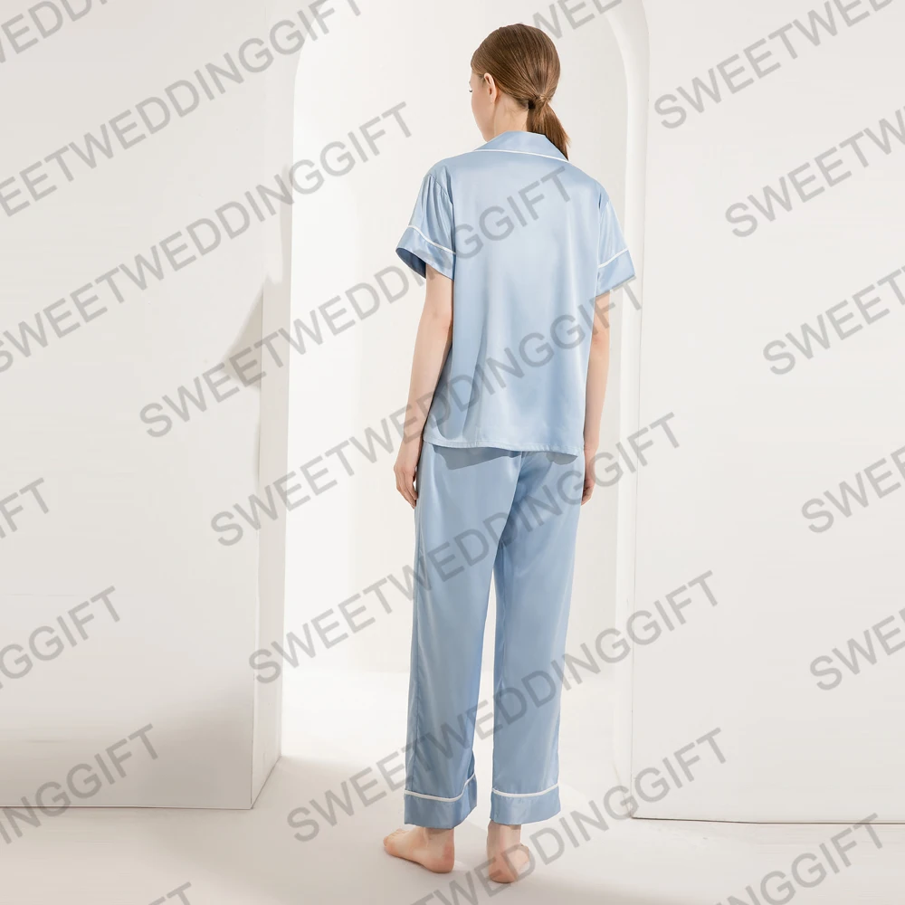 928 Satin Pajama Set Womens Silky Short Sleeve V Neck Shirt with Long Pant Soft Loungewear Pjs Set