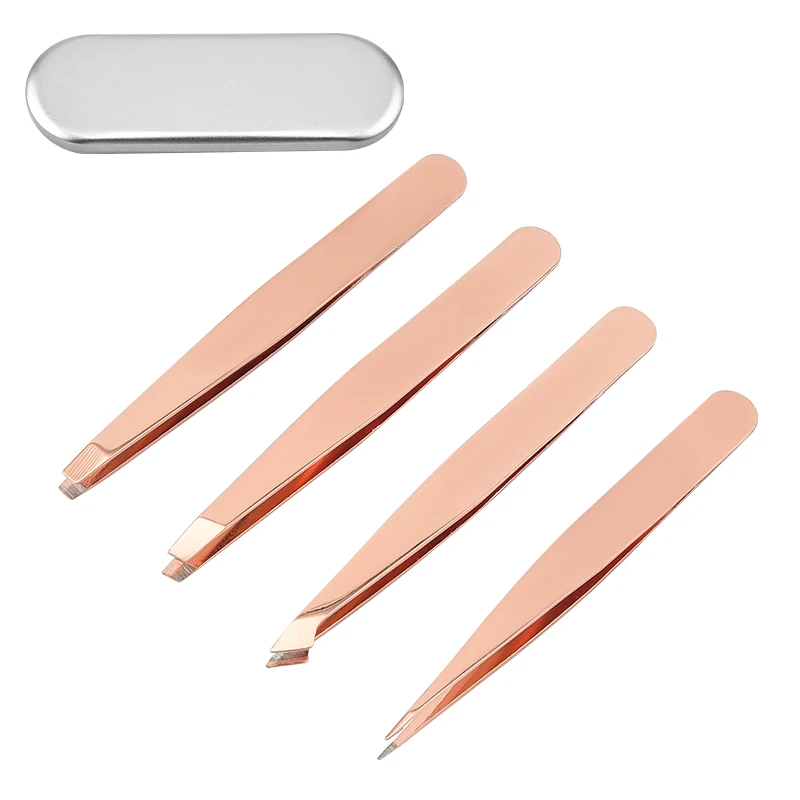 Most Popular 4-Piece Manual Stainless Steel Eyelash Tweezers Set Rose Gold Plated Eyebrow Tweezers