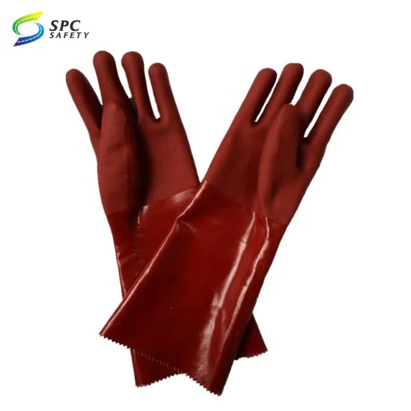 Hot Selling 40cm elbow length smooth surface Brown Waterproof acid alkali oil resistant chemical flocklined pvc rubber gloves